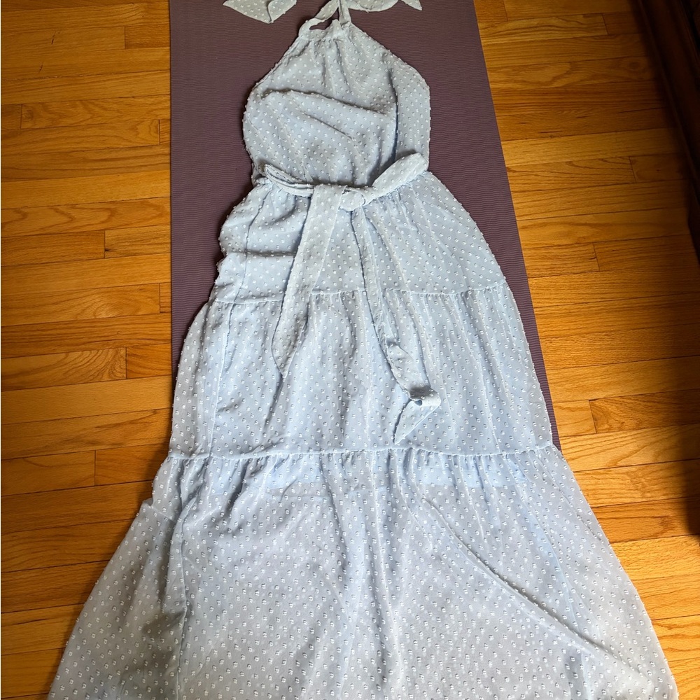 Light Blue Swiss Dot Halter Maxi Dress